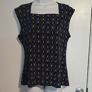 Kasper Women's Navy and Gold Geometric Blouse Sz L. Like New